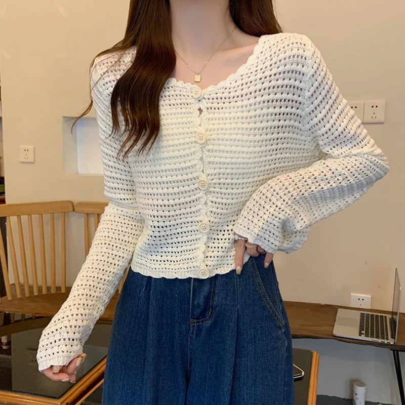 Hnewly  Women Button Up Short Cardigan Knitted Shirt Hollow Out Crochet Crop Top Long Sleeved Thin Cover Up Teen-girl Casual Outfit