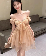 Hnewly  Mini Dresses Women Rhinestone Off Shoulder Bow Slim Backless Irregular Solid Backless Party Dress Elegant Ladies Sweet