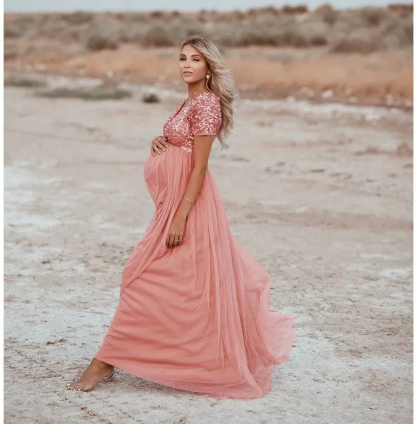 Hnewly  Maternity's Women Pregnants Maternity Photography Props Short Sleeve Sequined Solid Dress Lace Elegant Fashion Long Dresses