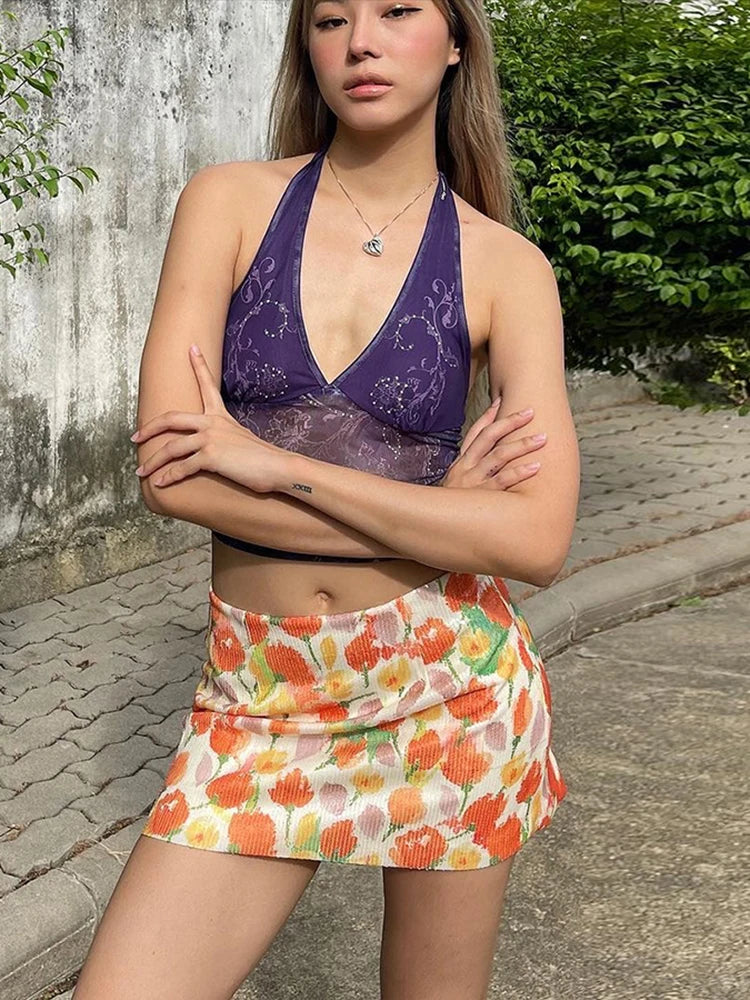 Hnewly  Sexy Sequins Skirts Women Y2K Summer Colorful Flower Print Style Skinny Culotes Street Hottie Trend Party Clubwear