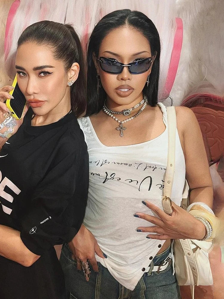 Hnewly  Irregular Button Crop Tops Women Ruched Biased Collar Letter Print Side Slit Daily Casual Simple Street Basic Tees
