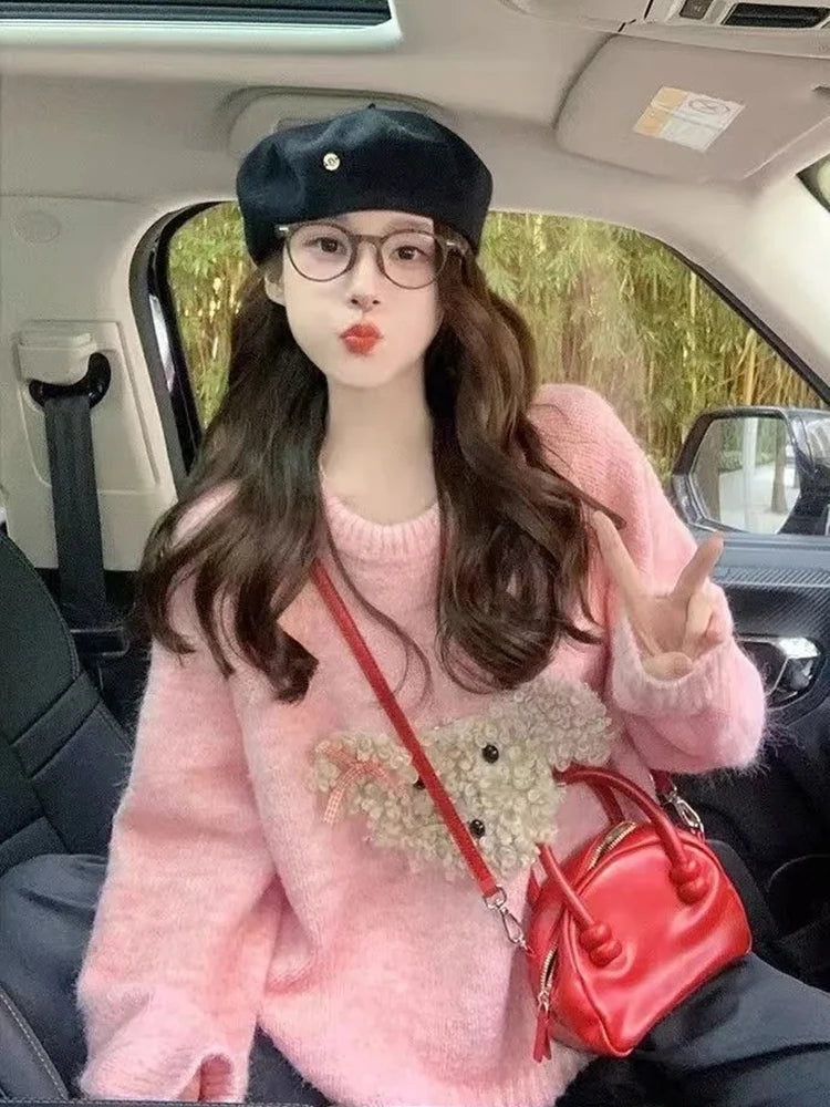 Hnewly  Cute Cartoon Pink Sweater Women Sweet Long Sleeve Knitted Kawaii Jumper Vintage Japan O Neck Lady Casual Lazy Wind Tops New