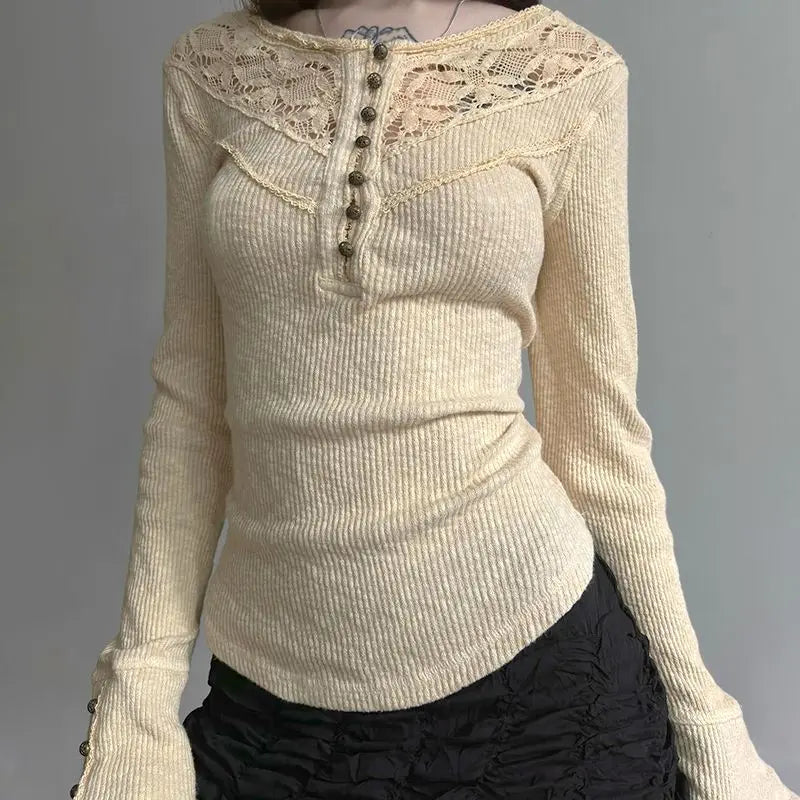 Hnewly  Elegant Vintage Lace Patchwork O-neck T-shirts Y2k Slim Fit All-match Top for Women 2025 Spring New Long Sleeve Tee Shirt