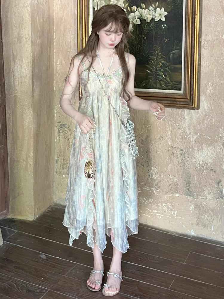 Hnewly Kawaii Sweet Y2k Japanese Midi Dress Women Lace Floral Design Camisole Vintage Dresses French Elegant Evening Party Fashion