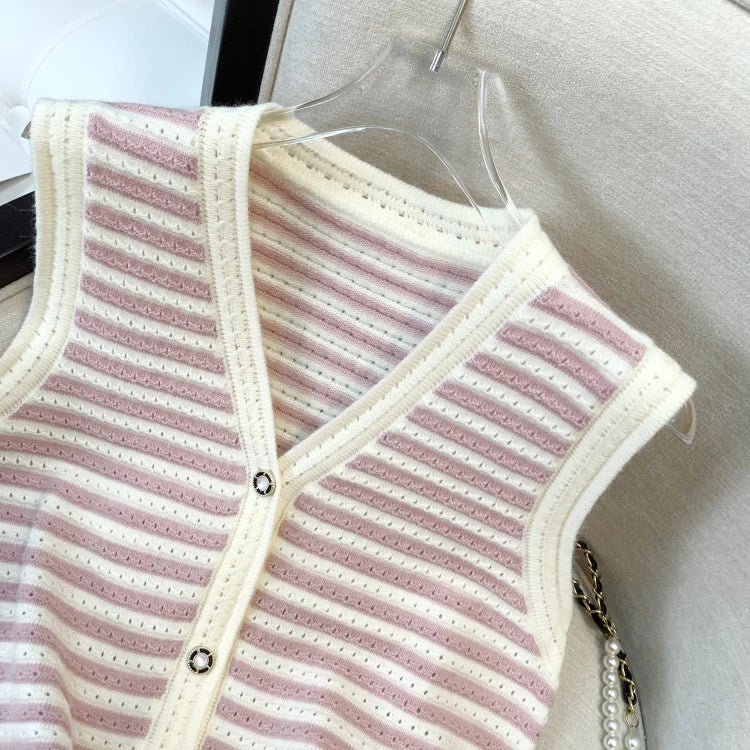 Hnewly  Spring V-Neck Striped Knitted Vest Korean Hollow Out Sleeveless Top Women's 2023 Autumn Loose All-Matched Outwear Cardigan Tank