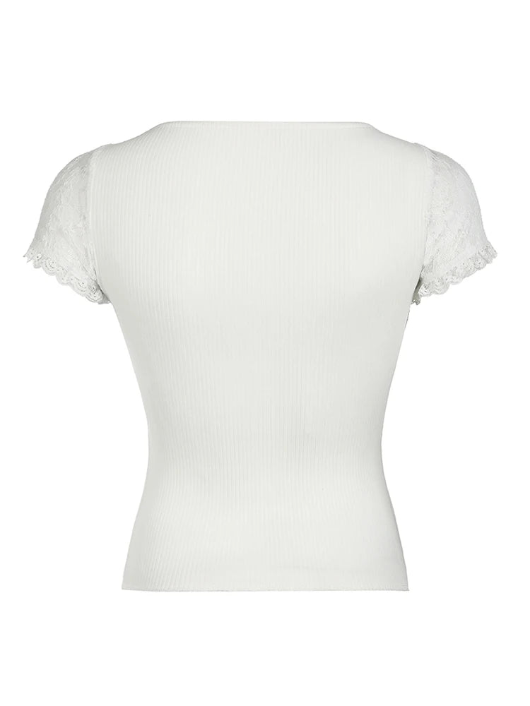 Hnewly Sweet Y2K Ruched Square Collar Lace Sleeve White T Shirt Women Pink Bow Cute Kawaii Balletcore Clothes
