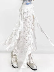 Hnewly  Lace Patchwork White Skirt for Women Irregular Slim Fit Bodycon Split Skirts Summer New Mid-length Faldas Sexy Mujer