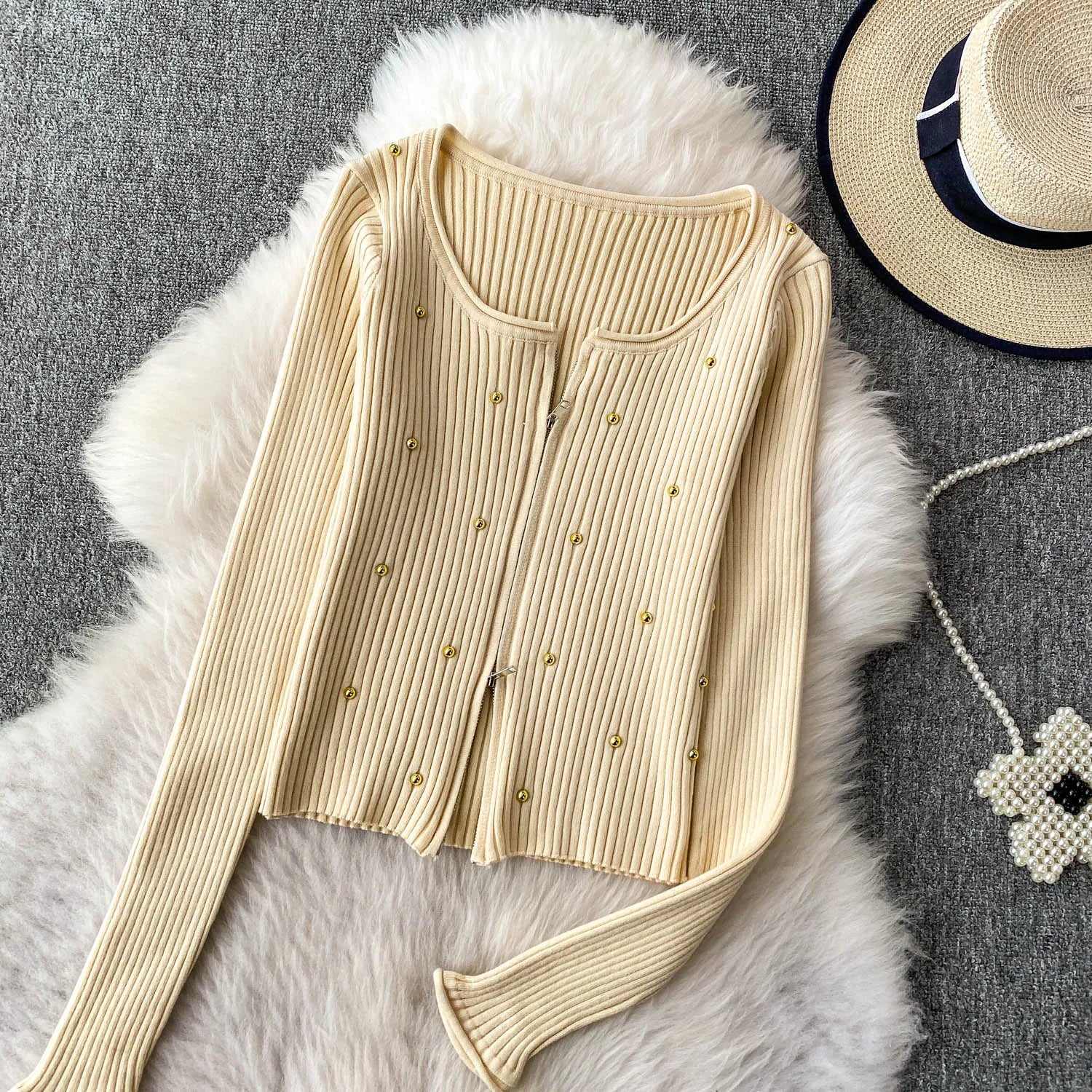 Hnewly  Beading Knitted Striped Zippered Sweater Cardigan Women's Spring Autumn O-Neck Top New Loose Harajuku Long Sleeved Outwear