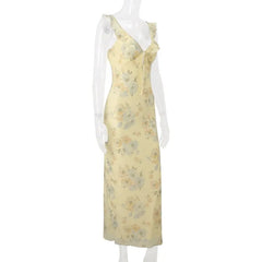Hnewly  Retro V Neck Dresses Yellow Sleeveless Flower Print Maxi Long Dress Elegant High Waist Female Holiday Party Vestidos