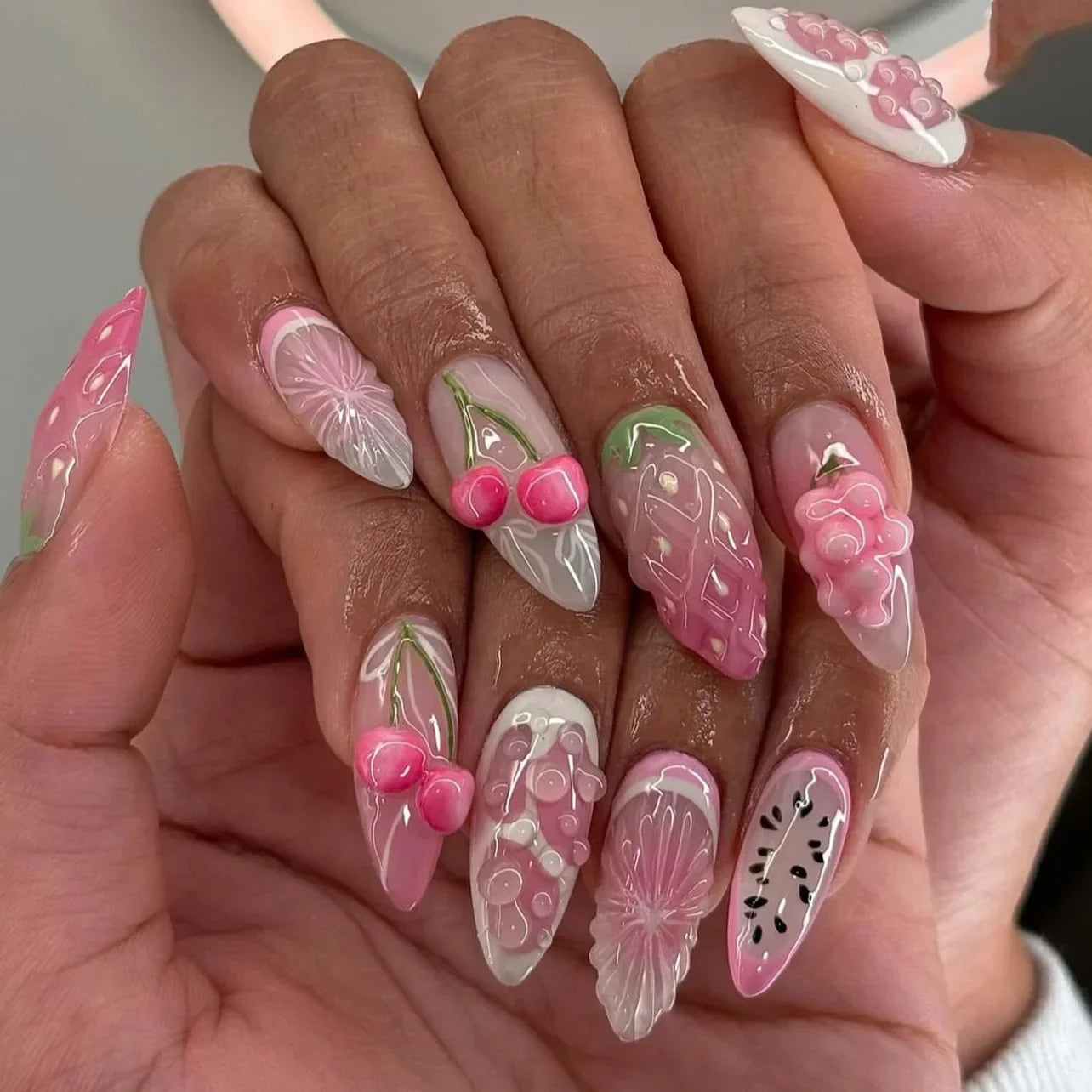Hnewly 24Pcs Cat Eye Press on Nails with Almond Head Bow Diamond Stick on False Nail Sweet Pink French Full Cover Artificial Nails Tips
