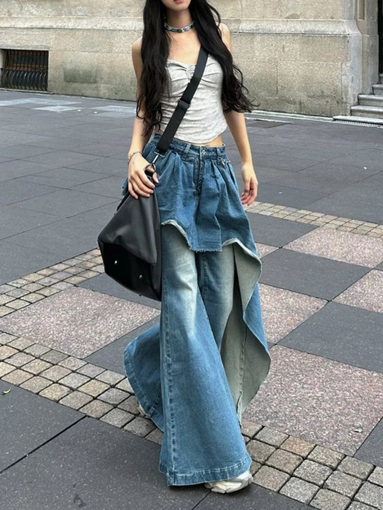 Hnewly Women's Irregular Splicing Fake Two Flared Jeans Casual Streetwear High Waist Cowboy Trouser Female Wide-leg Denim Pants