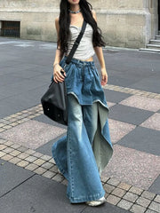 Hnewly Women's Irregular Splicing Fake Two Flared Jeans Casual Streetwear High Waist Cowboy Trouser Female Wide-leg Denim Pants