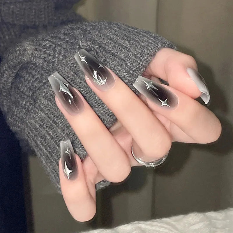 Hnewly Black Long Coffin Shape Fake Nail Ballet Reusable Adhesive Acrylic Press on Set Nails Artificial False Nails Art Tips Women Gift