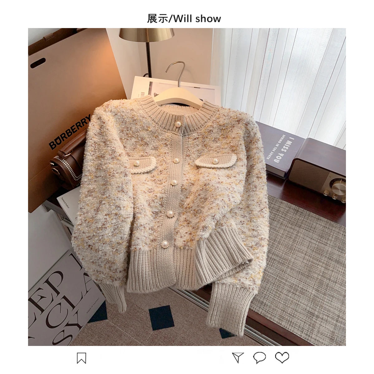 Hnewly  Luxury Pearl Button Sweater Women O-Neck Long Sleeve Cardigan Coat  Single Breasted Warm Jacket Casual All-Matched Knitwear Top