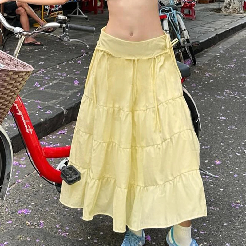 Hnewly Cute Fairycore Bow Stitching Skirt Summer Holiday Casual Loose A-line Long Skirts for Women y2k Aesthetic Ladies Clothing