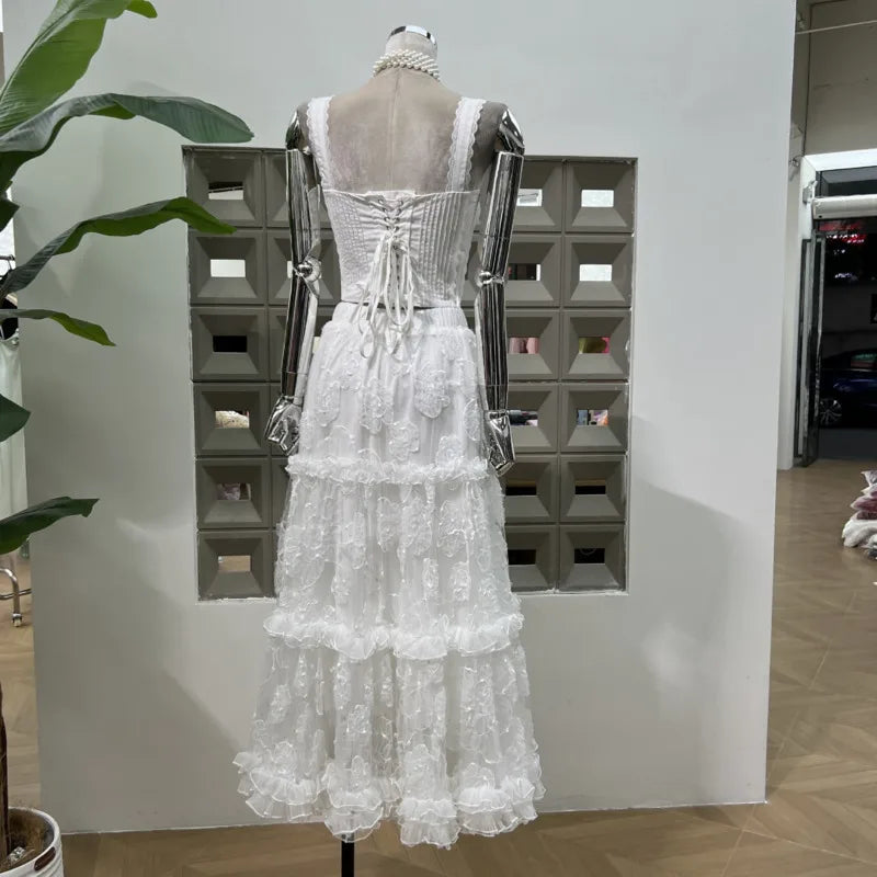 Hnewly Fashion Solid Color Lace 2 Piece Set Women's Sleeveless Vest Tops A Line Skirts 2025 Summer New Tide