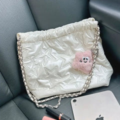 Hnewly  Sweet Cute White Star Bucket Bag Women Stitching Leather Large Capacity Shoulder Bag Ladies Fashion Chain Y2k Crossbody Bag