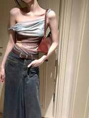 Hnewly  Fashion Vintage Halo Dyeing Vest for Women Y2k E-Girl Mesh Irregular Camisole Tops Summer New Off Shoulder Tank Top