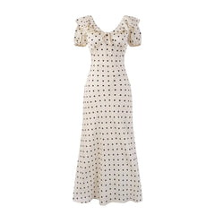 Hnewly   French Retro Polka Dot Print Long Dress Sweet Chic V-neck Summer Women Dress Short Sleeve High Waist Elegant Lady Dresses 2025