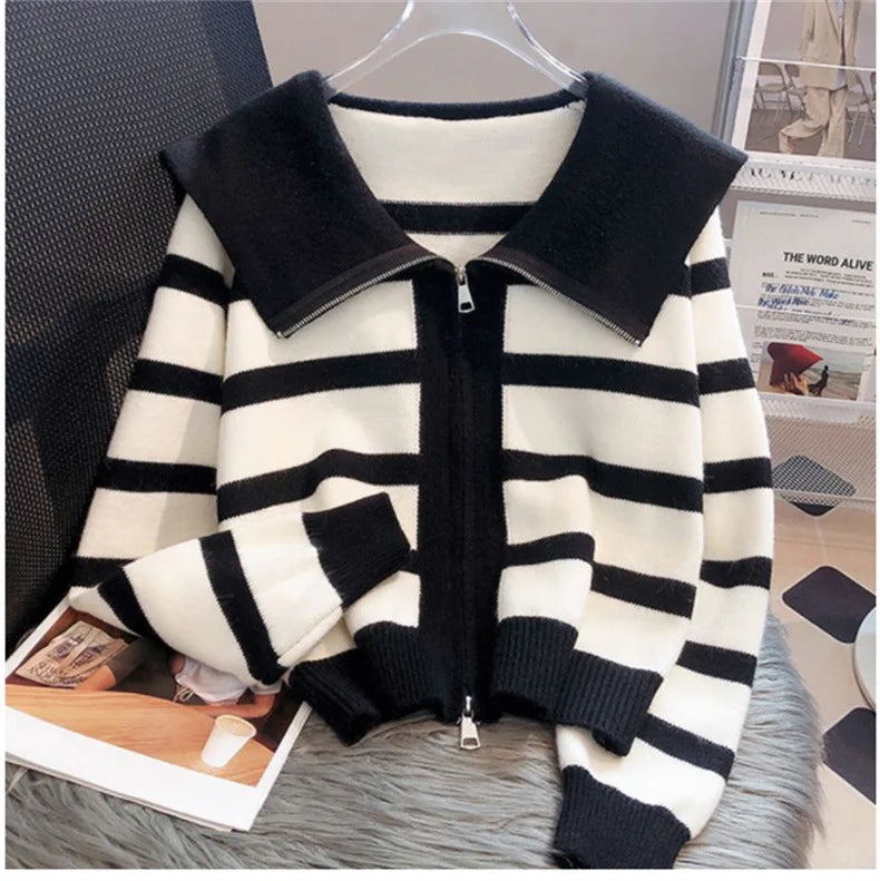 Hnewly  Women's Knitted Stripe Sweater Sweet Preppy Style Peter Pan Collar Cardigan Top Spring Autumn 2023 New Zipper Fashion Outwear