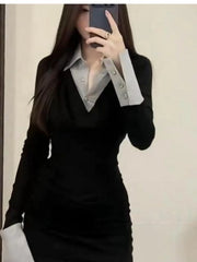 Hnewly  Sexy  Collar Color Block Short Dress Women's Slim Fit Wrap around Skirt Spring Autumn Winter Long Sleeve Breathable Skin ...