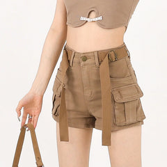 Hnewly  Y2K Summer Solid Women Denim Shorts American Street Pockets Female Jeans Fashion New All Match Belt Button Ladies Cargo Shorts