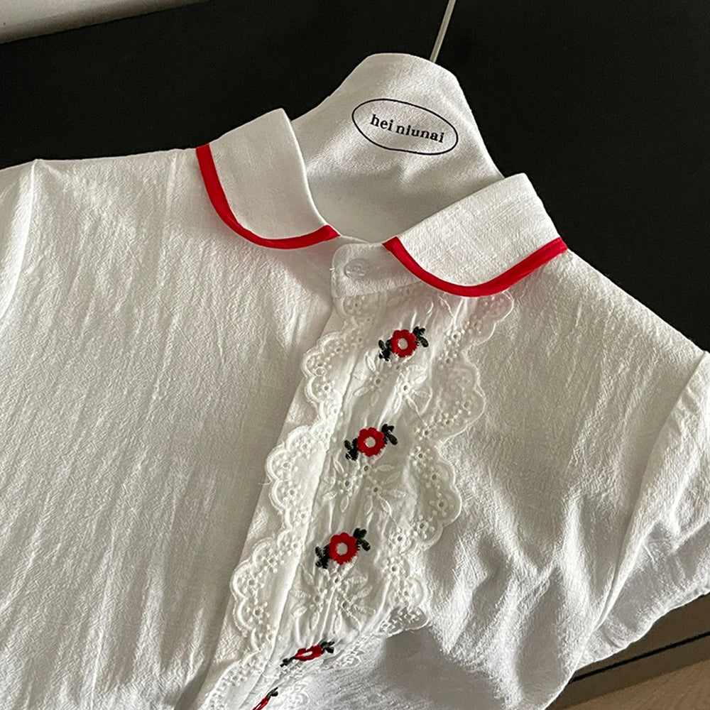 Hnewly  Embroidered Floral Lace Trim Shirt Women's Summer Casual Doll Collar Single-Breasted Tops Short Sleeves Versatile Thin Cardigan