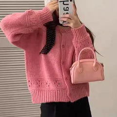Hnewly  Pointelle Cardigan Women Long Sleeve Crew Neck Button Down Knit Sweater Jacket Autumn Winter French Chic Outfit