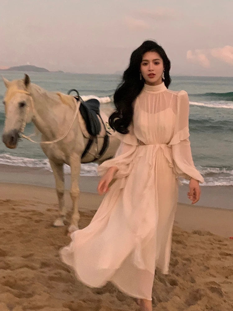 Hnewly Beach Style Chiffon Y2k Mini Dress Office Lady Casual Long Sleeve Elegant One Piece Dress Korean Fashion Clothing Summer