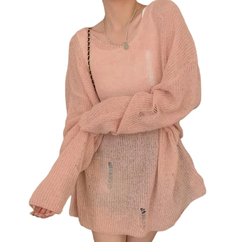 Hnewly Gothic Sweater y2k Clothes Women Solid Color Round Neck Long Sleeve Ripped Knitted Top 2000s Grunge Clothing Streetwear