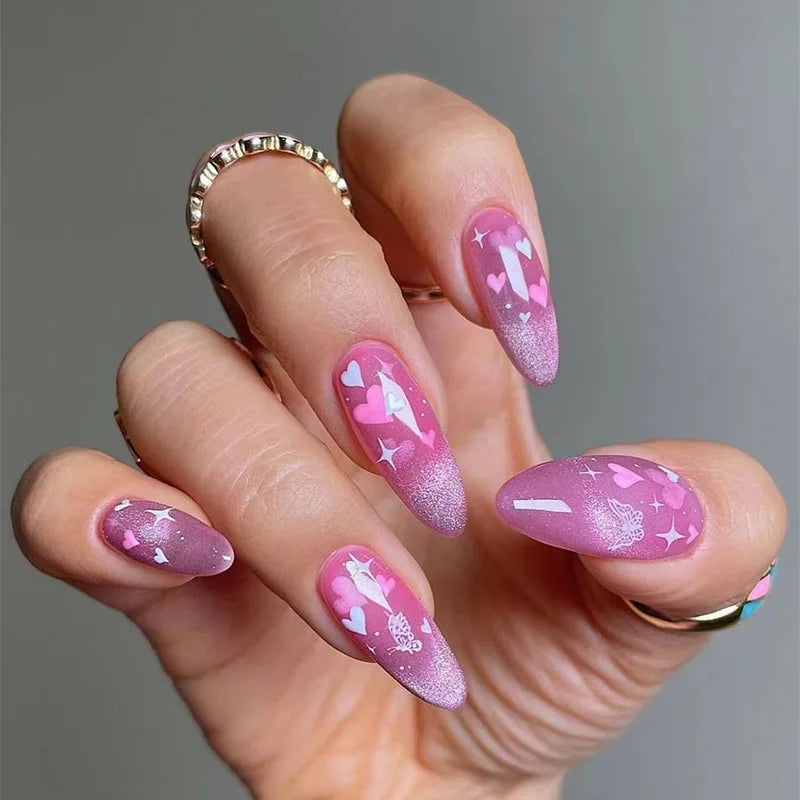 Hnewly 24Pcs Pink Almond False Nails Butterfly Pearl with Rhinestones French Design Wearable Fake Nails Simple Press on Nails Tips Art