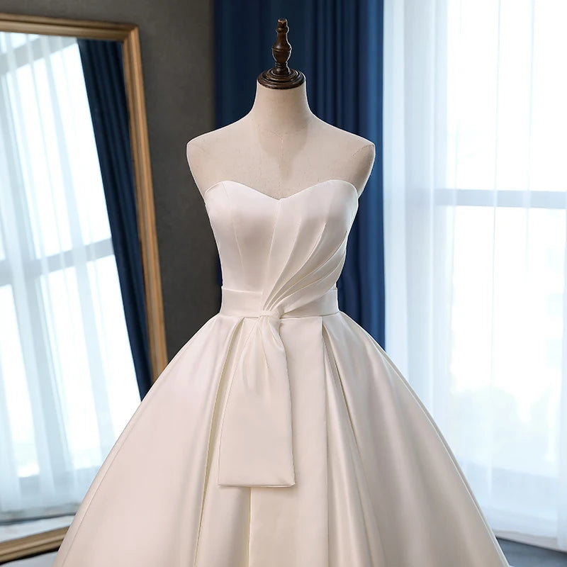 Hnewly  French Satin Wedding Dress Strapless Simple And Slimming Court Wedding Engagement Banquet Bow Trailing Dress