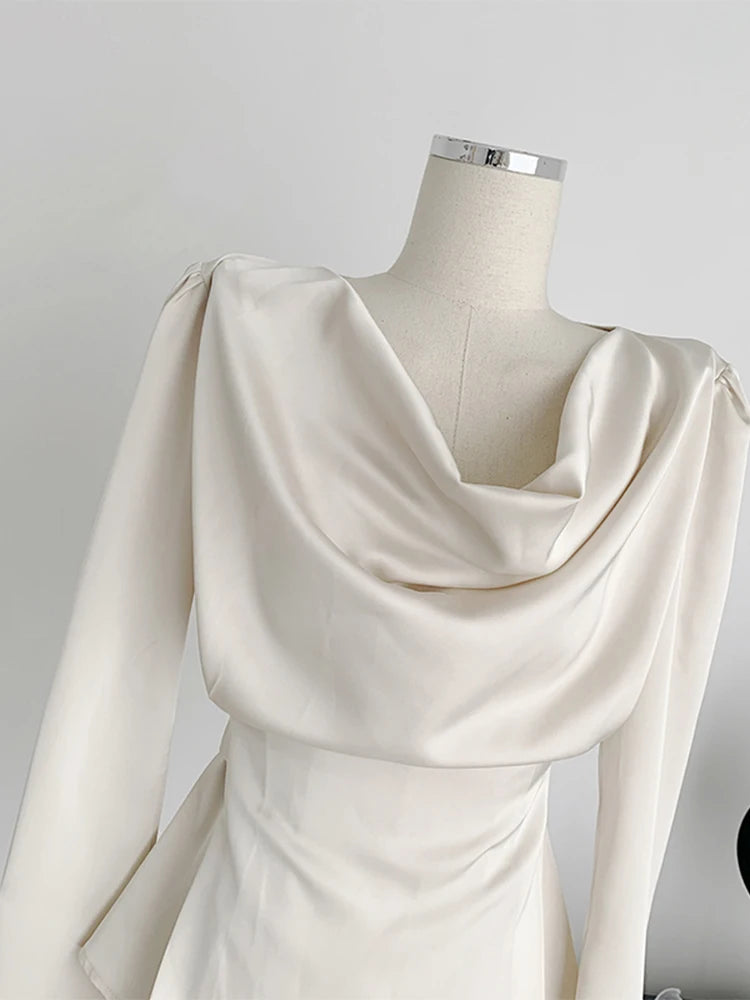Hnewly French Style Retro Solid Color Women Satins Shirt Fashion New Pleated Long Sleeve Blouses Female Slim Tie Up Clothes Chic