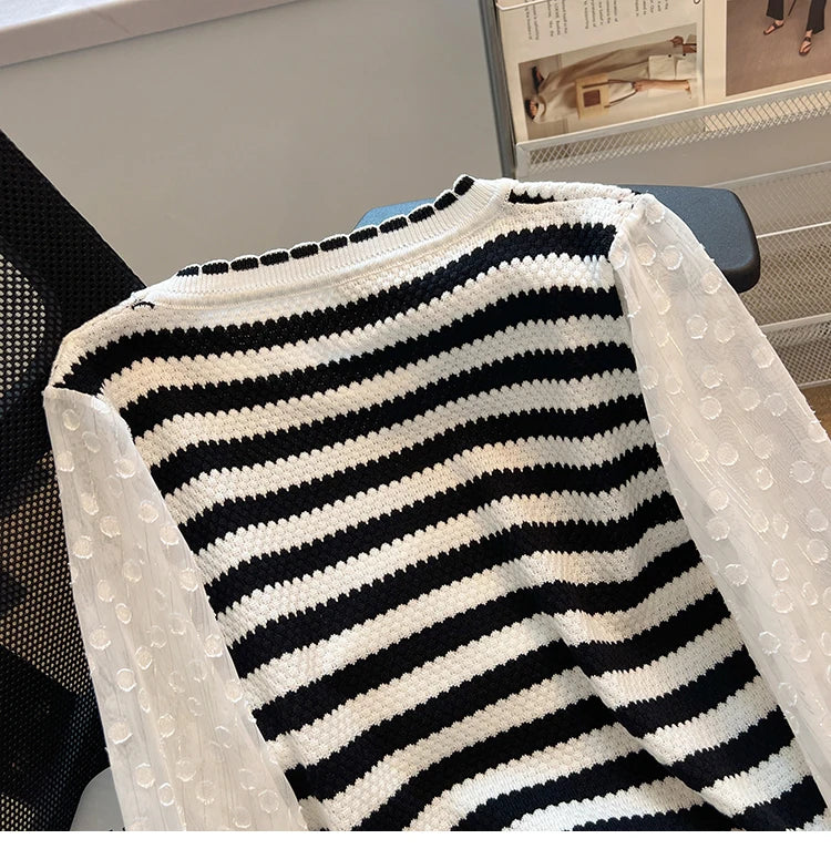Hnewly  Striped knitted Sweater For Women's Spring Autumn French Elegant Round Neck Long Sleeved Patchwork Chiffon Loose All-Matched Top