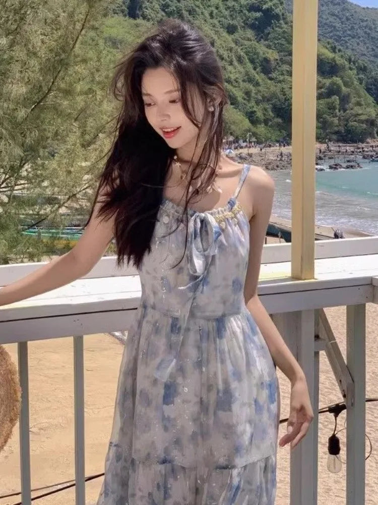 Hnewly  Dresses Women Sleeveless Floral Printed Bandage Slash Neck French Style Summer Fashion Female Dress Holiday Casual