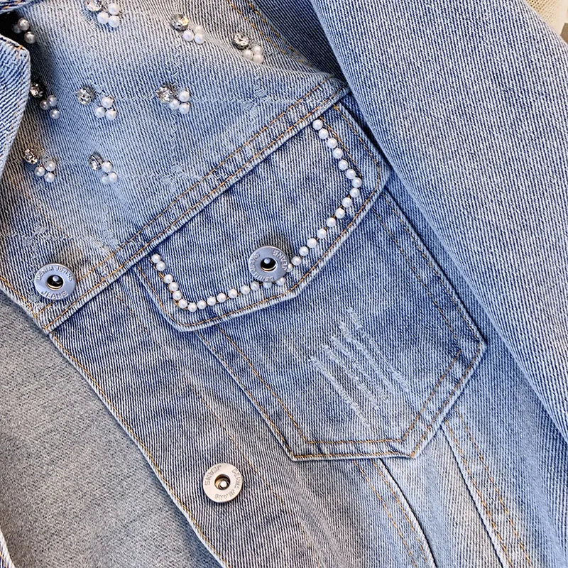 Hnewly  Women Denim Jacket Spring Autumn 2025 New Popular Sweet Luxury Beaded Short Top Loose Long Sleeve Lapel Single Breasted  Coat