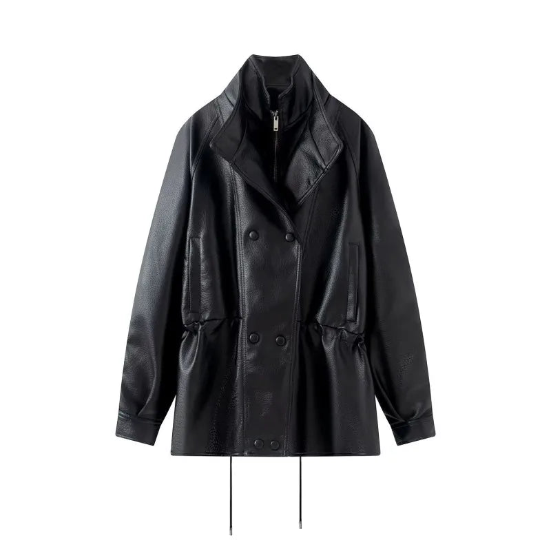 Hnewly  Women's Faux Leather Jacket Double Collar Drawstring Waist Mid-Length Double Breasted – Autumn Fashion Outerwear for Daily & Off