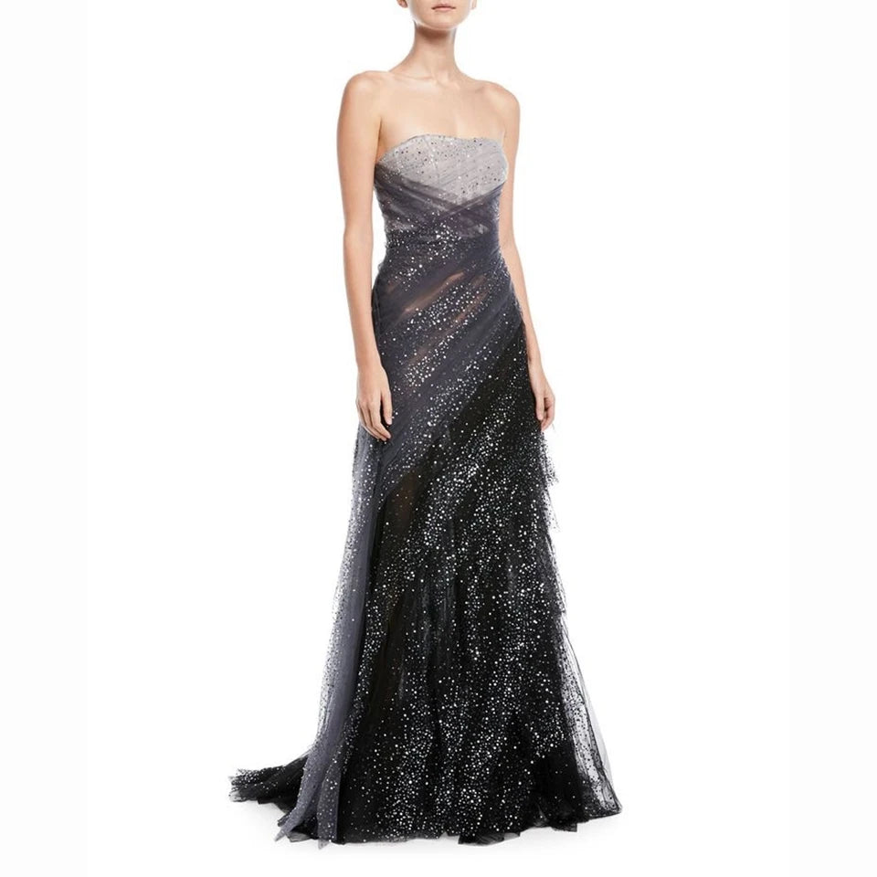 Hnewly  Charming Strapless Sequin Open Back Sleeveless Evening Dress Luxury A-Line Floor Length Tulle Zipper Prom Dress