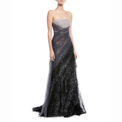 Hnewly  Charming Strapless Sequin Open Back Sleeveless Evening Dress Luxury A-Line Floor Length Tulle Zipper Prom Dress