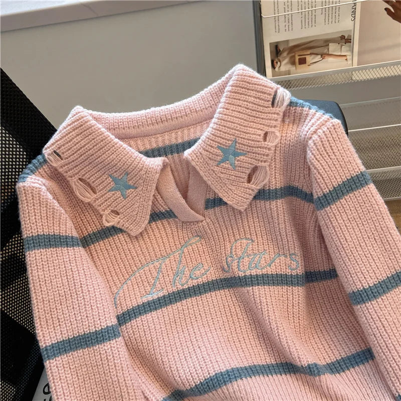 Hnewly  Short Sweater Women's Autumn Winter 2025 New Stripe Hollow Out Fashion Star Letter Knitwear Long Sleeve Top Thicked Pullover