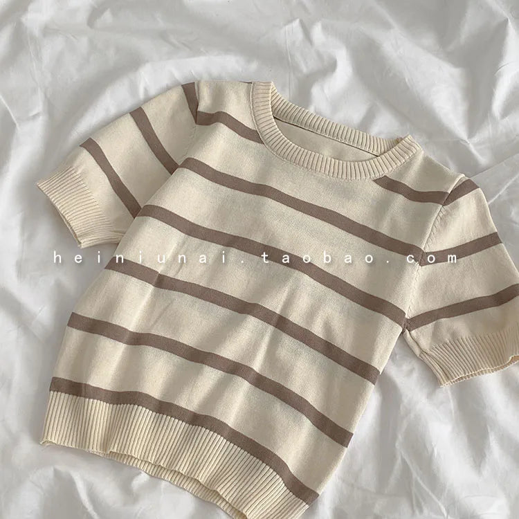 Hnewly  Vintage Stripe Knitted T-Shirt Women's Spring Summer New Fashion All-matched O- Neck Short Sleeve Slim Short Shirt Tops