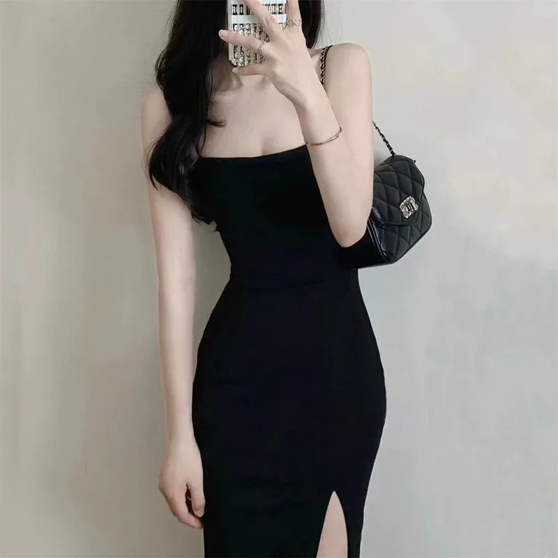 Hnewly Black Spaghetti Strap Women's Dress Summer Sexy Tight Side Split Long Dresses Female Elegant Bodycon Maxi Dress