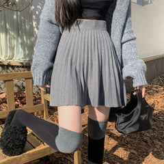 Hnewly  Autumn Winter Knitted A Line Skirts Women Korean Elastic High Waist Pleated Short Skirt Woman All Match Solid Color Mini Skirts
