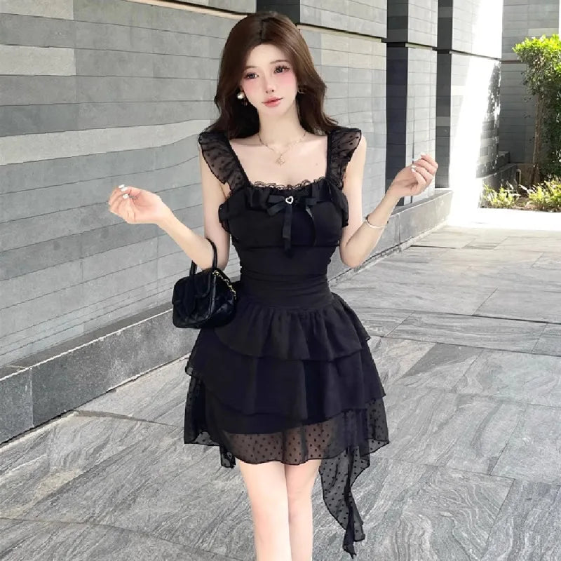 Hnewly  Woman Dress Sexy Irregular Slim Ruffles Patchwork Sleeveless Square Collar Bow Party Mini Dresses Female Fashion