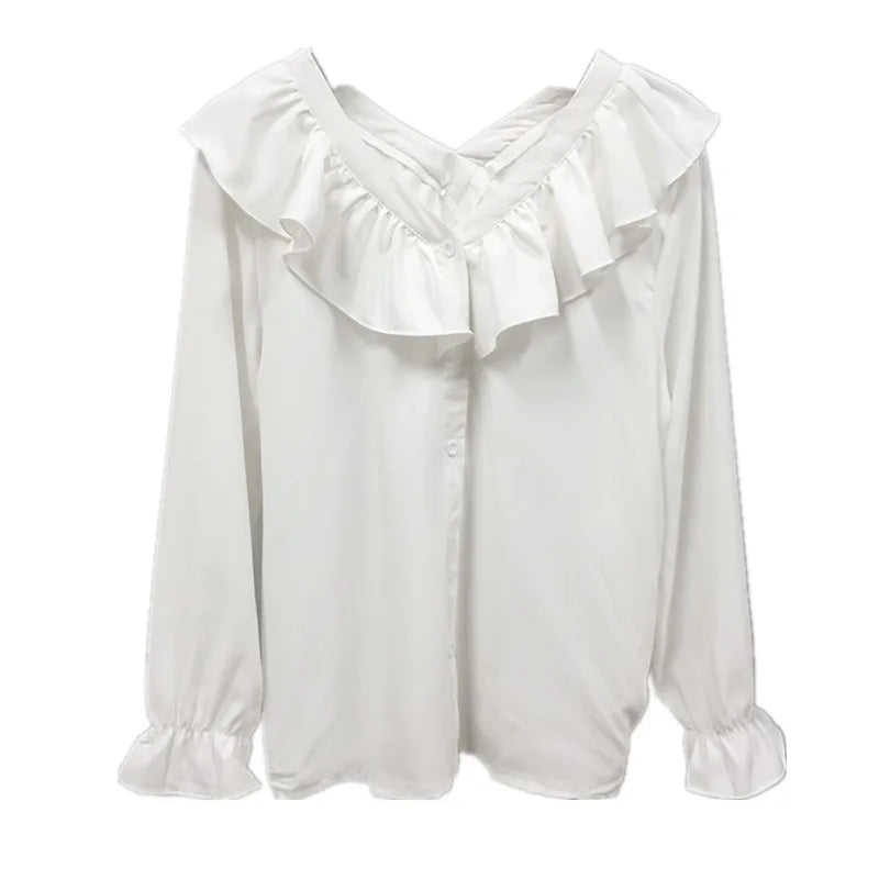 Hnewly Shirts Women Solid Ulzzang Loose Temperament Ruffles Long-Sleeve Top Fashion Streetwear New Office Lady Korean Style All-match