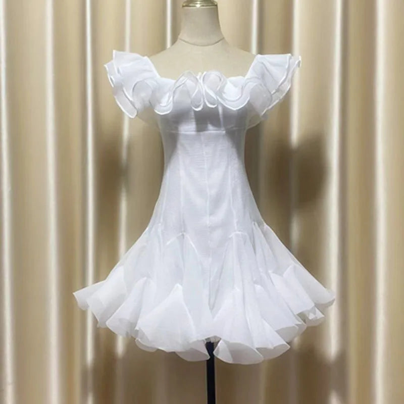 Hnewly Fashion Women Dress Sleeveless Slash Neck Solid Color Lotus Leaf Edge Design Female Party Dresses New Tide