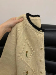 Hnewly  French Flower Embroidery Sweater Sweet Spring Autumn Contrasting Color O-neck Knitted Cardigan Women Long Sleeved Loose Jacket