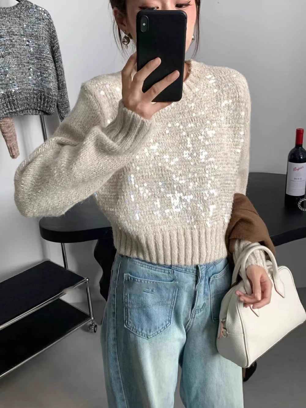 Hnewly  Fashion Sequin Short Sweater for Women's Spring Autumn New Soft Knitted Top Pullover Casual Round Neck Loose All-matched Top