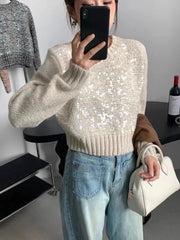 Hnewly  Fashion Sequin Short Sweater for Women's Spring Autumn New Soft Knitted Top Pullover Casual Round Neck Loose All-matched Top