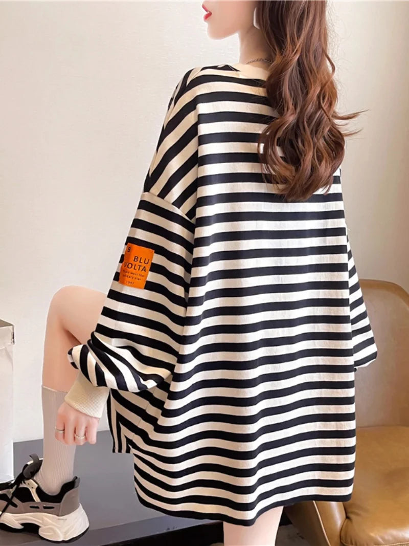 Hnewly  Spring Autumn Striped Sweatshirts  Women Casual Loose Long Sleeve Tops Korean Style Trend All-Matched Pullovers
